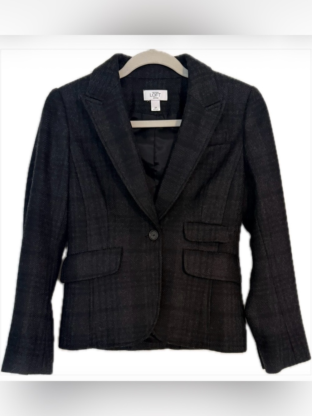 LOFT Dark Charcoal Gray/Black Plaid One-Button Wool Blend Blazer Jacket Size 2P